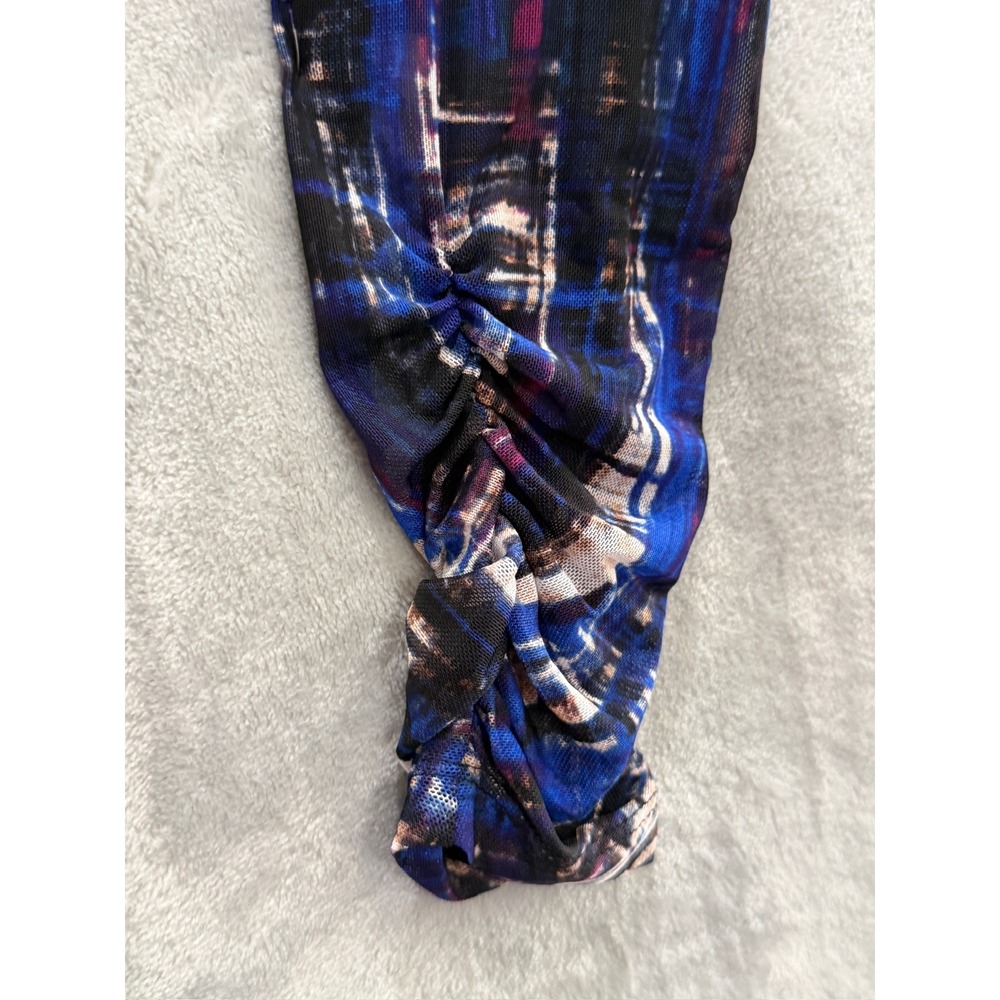 DKNY Mesh Midi Dress Womens Blue Abstract Ruched Long Sleeve 4 NWT - Picture 6 of 11
